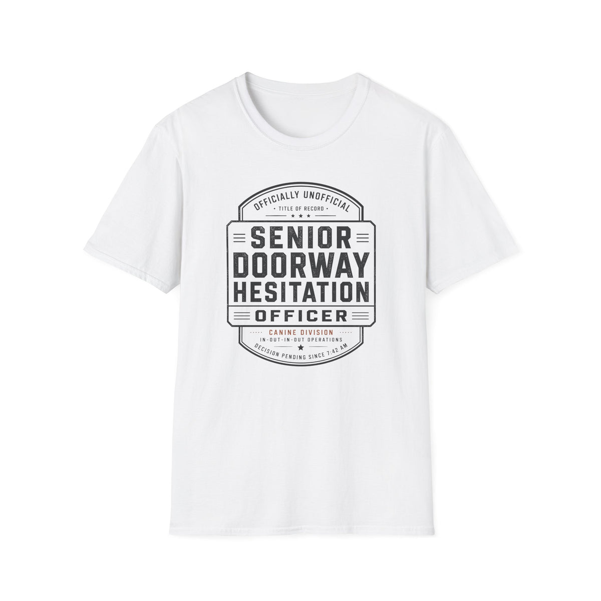 Senior Doorway Hestation Dog T-shirt