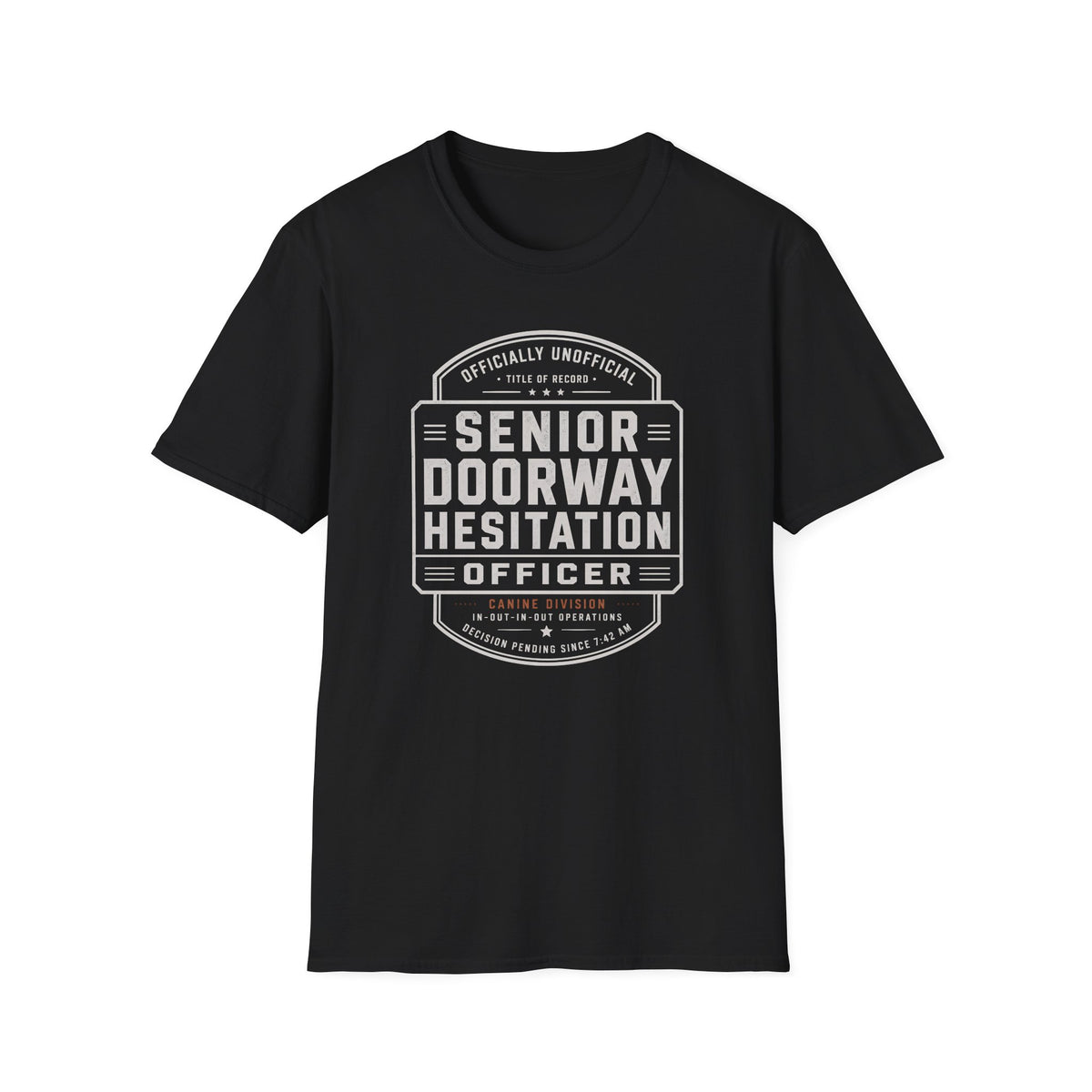 Senior Doorway Hestation Dog T-shirt