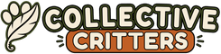 A stylized logo reading 'COLLECTIVE CRITTERS' with a paw-and-feather icon on a black background. The text is cream with dark olive outlines, and 'CRITTERS' sits on an orange rounded rectangle.